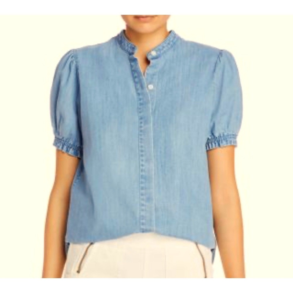 NWOT FRAME‎ Balloon Sleeve Button Up Denim Blouse Light Wash Cottagecore XS